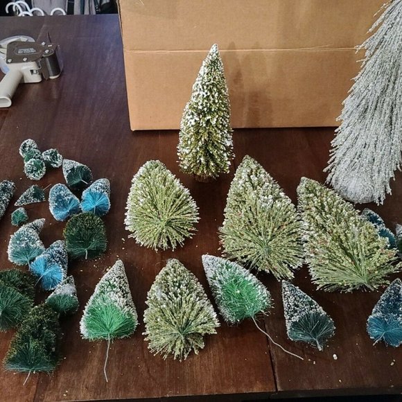 Frosted Bottle Brush Christmas Trees Village Train Lot of 27 Plus 2” To 14” - Picture 1 of 16